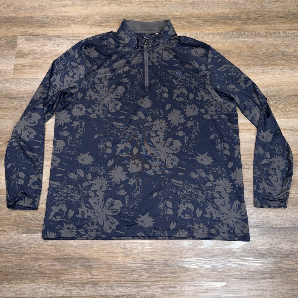Puma Pure 2.0 Rose 1/4 Zip Golf Pullover Mens XL Blue Gray Floral Pattern